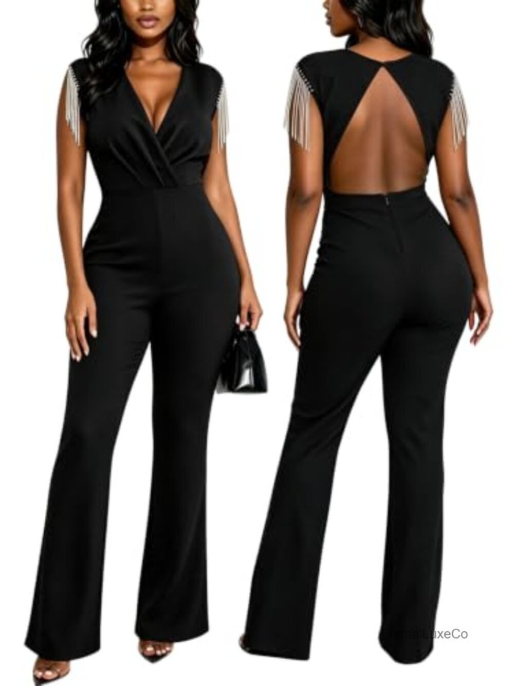 Rhinestone Fringe Backless V Neck Wide Leg Jumpsuit Dressy Party Outfit